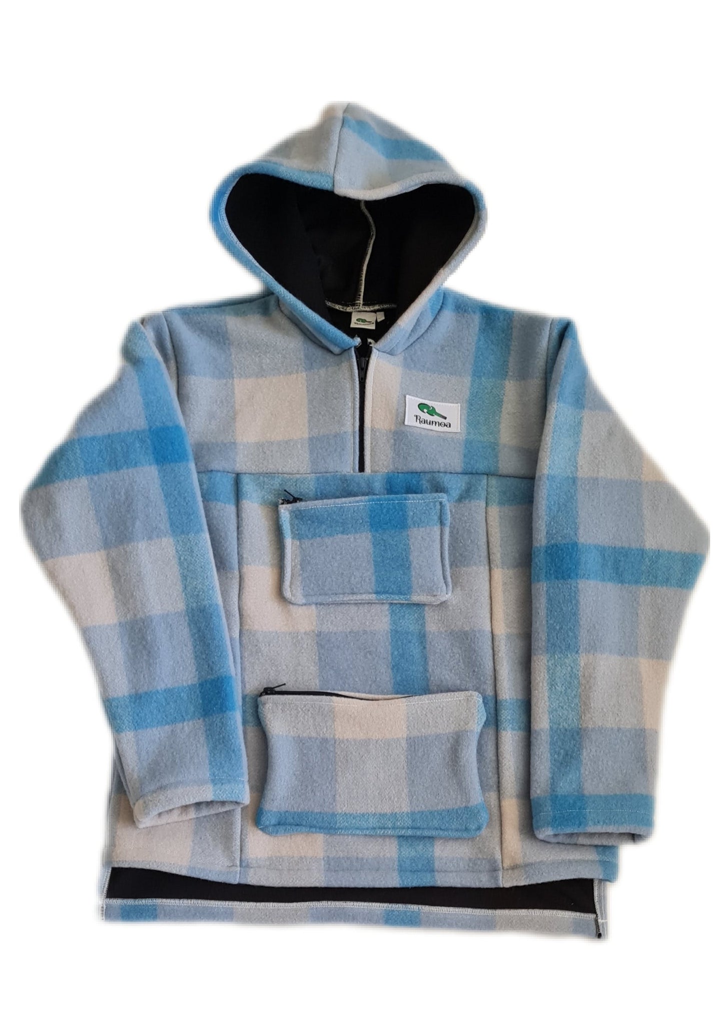 Wrap yourself in elegance with the Checked Light Blue Raumoa Wool Anorak Jacket, a finely crafted wool jacket infused with distinctive Maori design for a touch of cultural sophistication.