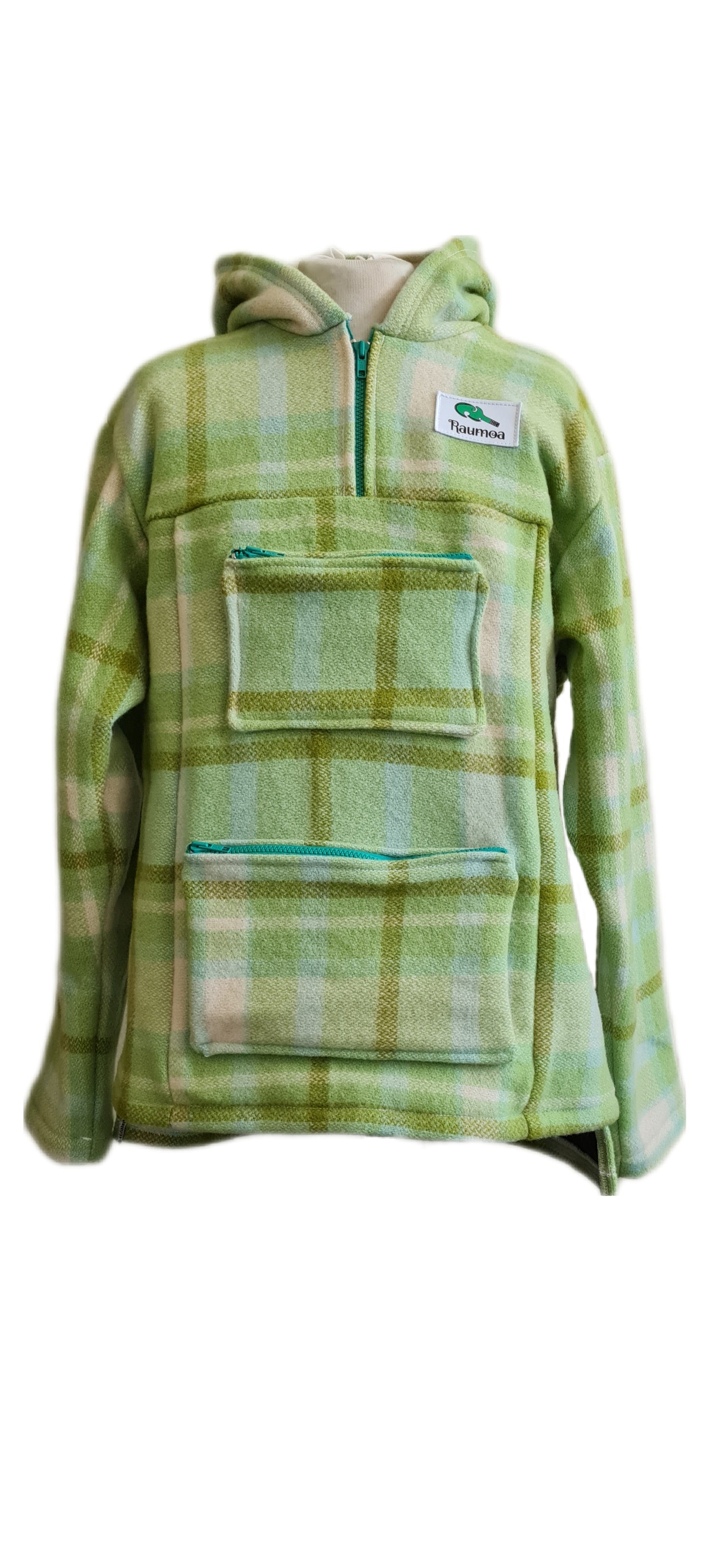 the checked light green Raumoa Wool Anorak Jacket
