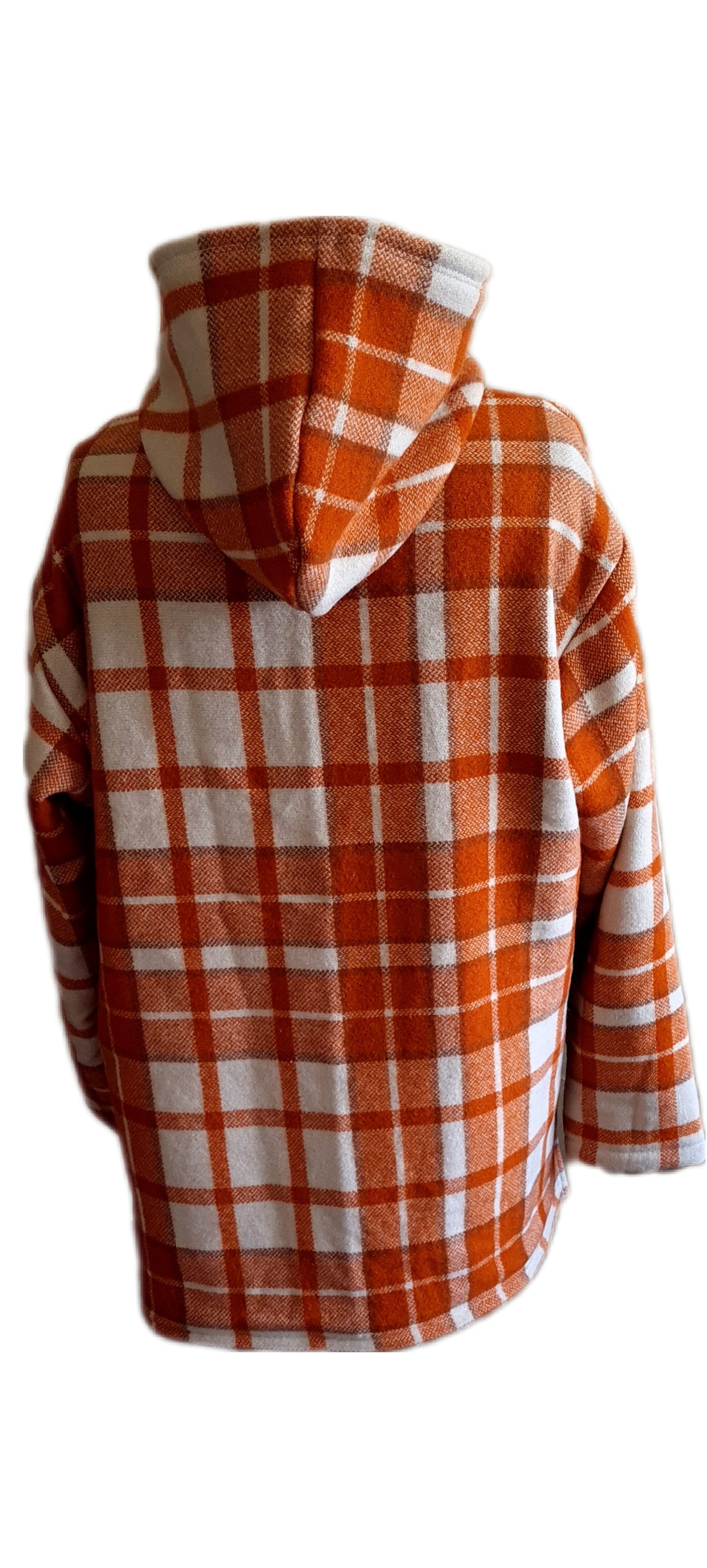Experience the perfect blend of style and warmth in the Checked Rust Raumoa Wool Anorak Jacket, a standout choice in New Zealand woolen outerwear. picture back of the jacket
