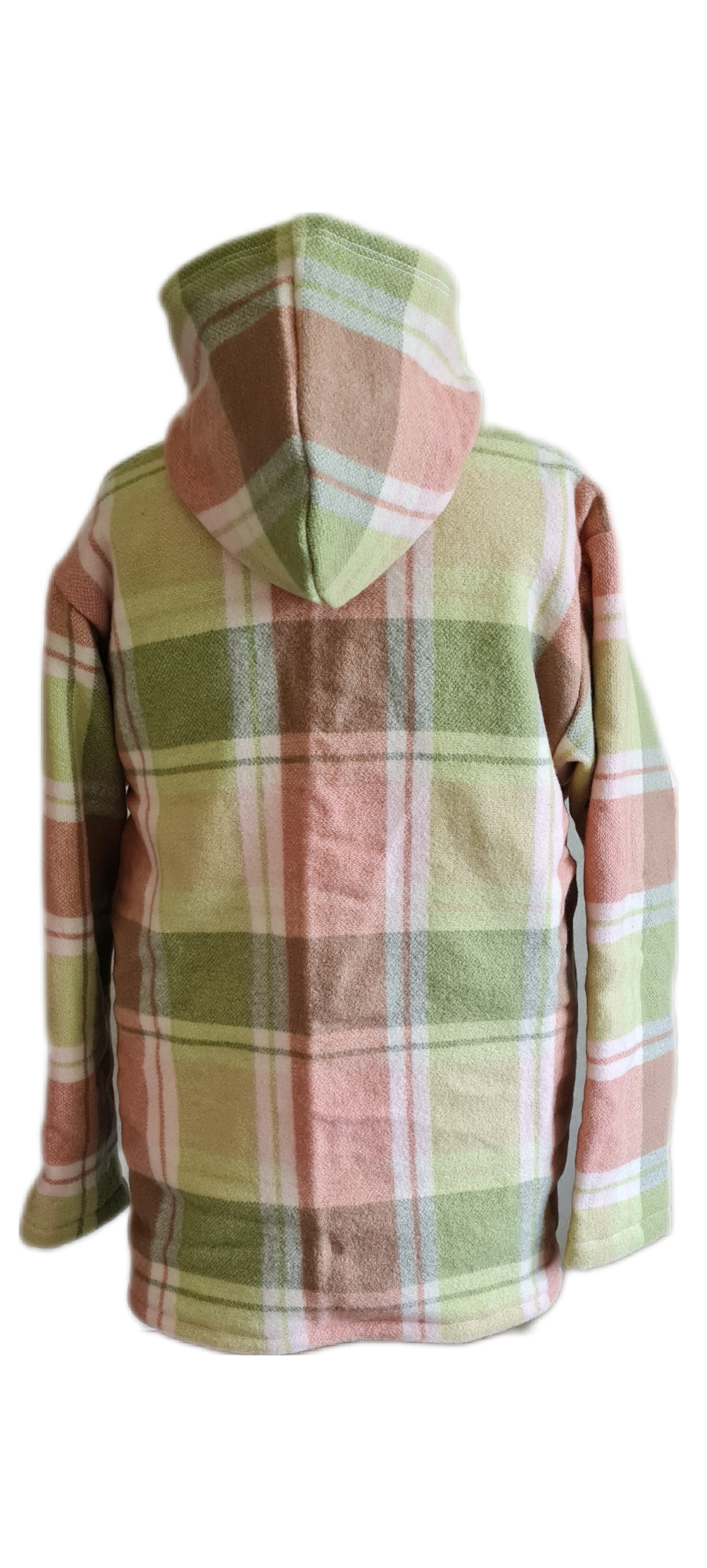 the Checked Green Raumoa Wool Anorak Jacket, a perfect blend of fashion and practicality for outdoor enthusiasts. picture back of wool jacket