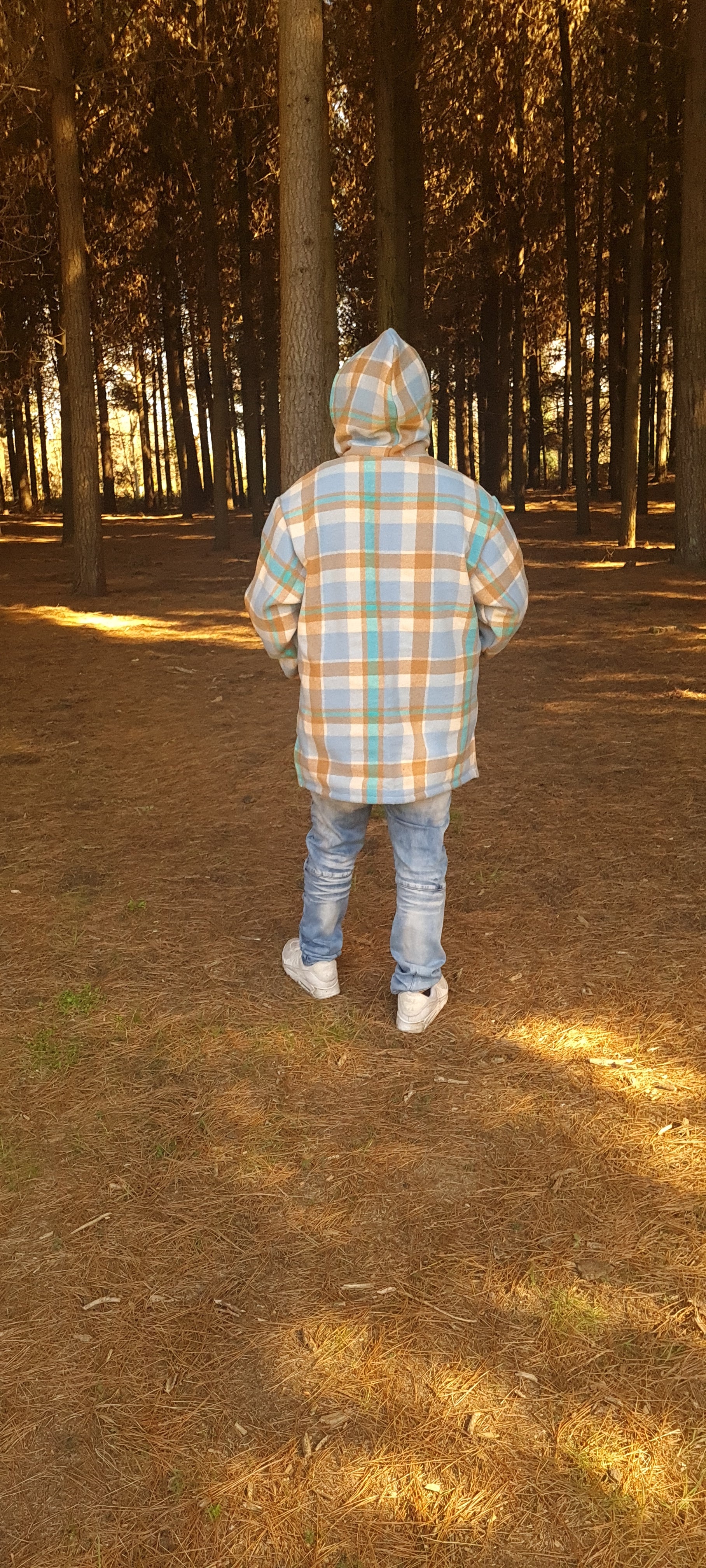 Conquer your outdoor wardrobe with the Checked Light Blue/Brown Raumoa Wool Anorak Jacket, a chic and practical choice for those who love to explore nature. back picture.