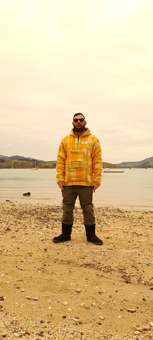 Gear up for the outdoors in the eye-catching Checked Yellow Raumoa Wool Anorak Jacket, a must-have bush jacket designed for both fashion and practicality. front picture