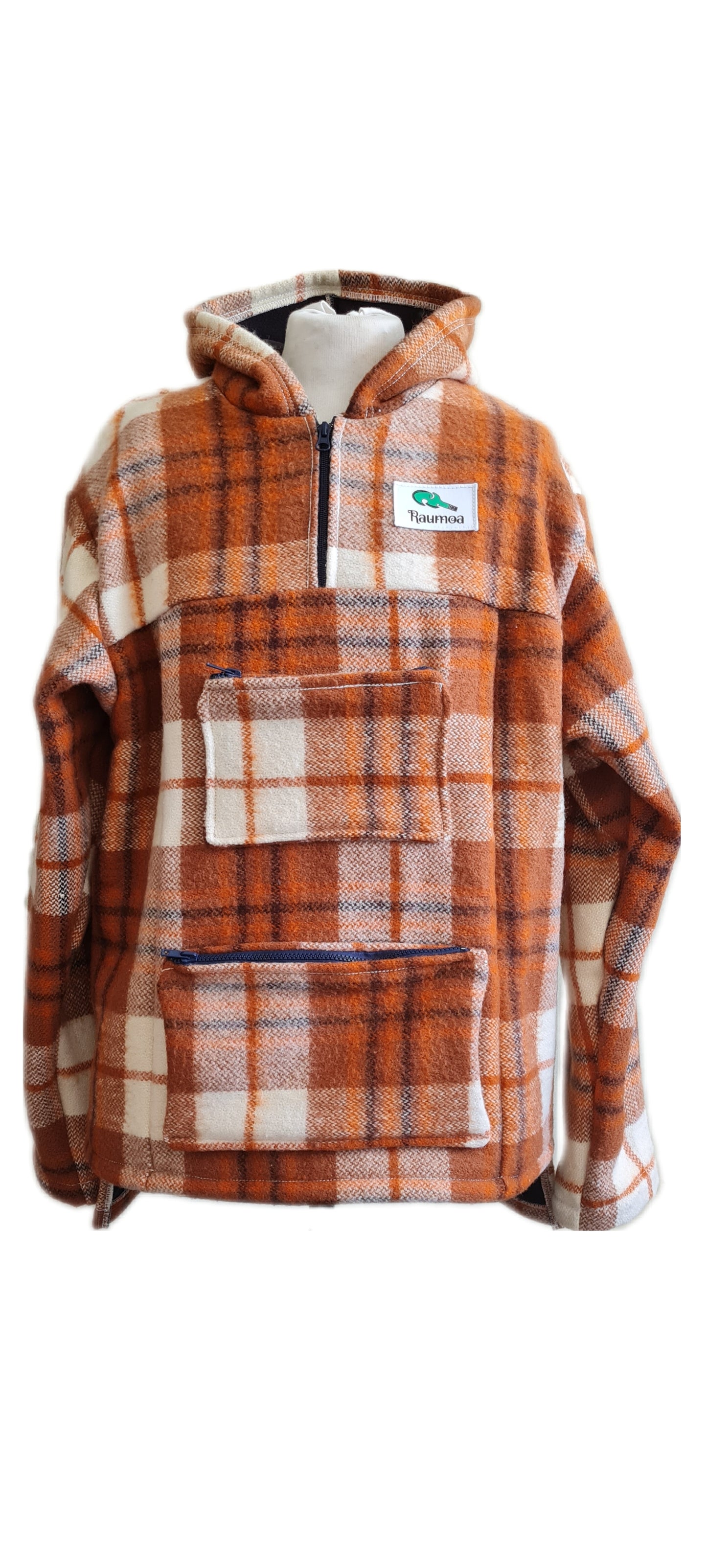 Wrap yourself in cultural elegance with the Checked Brown Raumoa Wool Anorak Jacket, a stunning piece that seamlessly fuses traditional Maori clothing inspiration with modern wool coat sophistication.