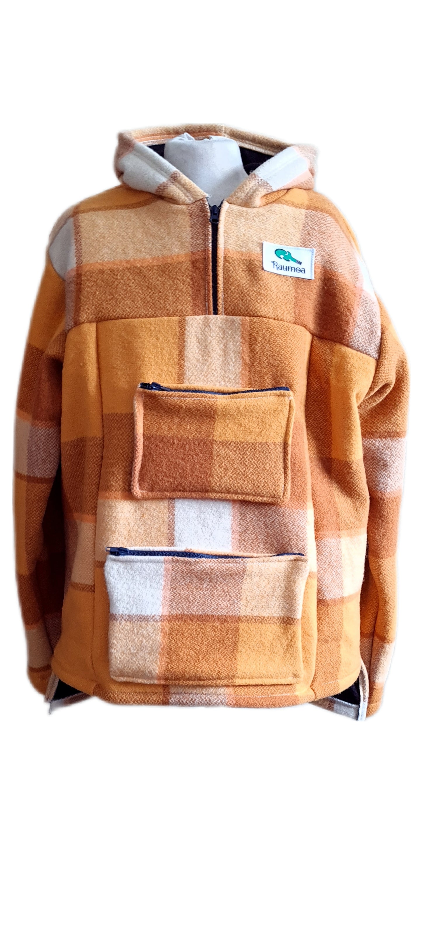 Radiate sustainable fashion with the Checked Yellow/Brown Raumoa Wool Anorak Jacket, a uniquely upcycled creation that blends handmade artistry with eco-conscious style