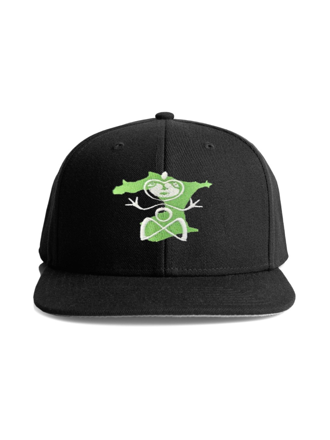 A black flat-brim snapback cap featuring  Rākau Momori / Moriori-inspired design with Rēkohu — the Chatham Islands  the  graphic embroidered on the front, set against a plain white background.