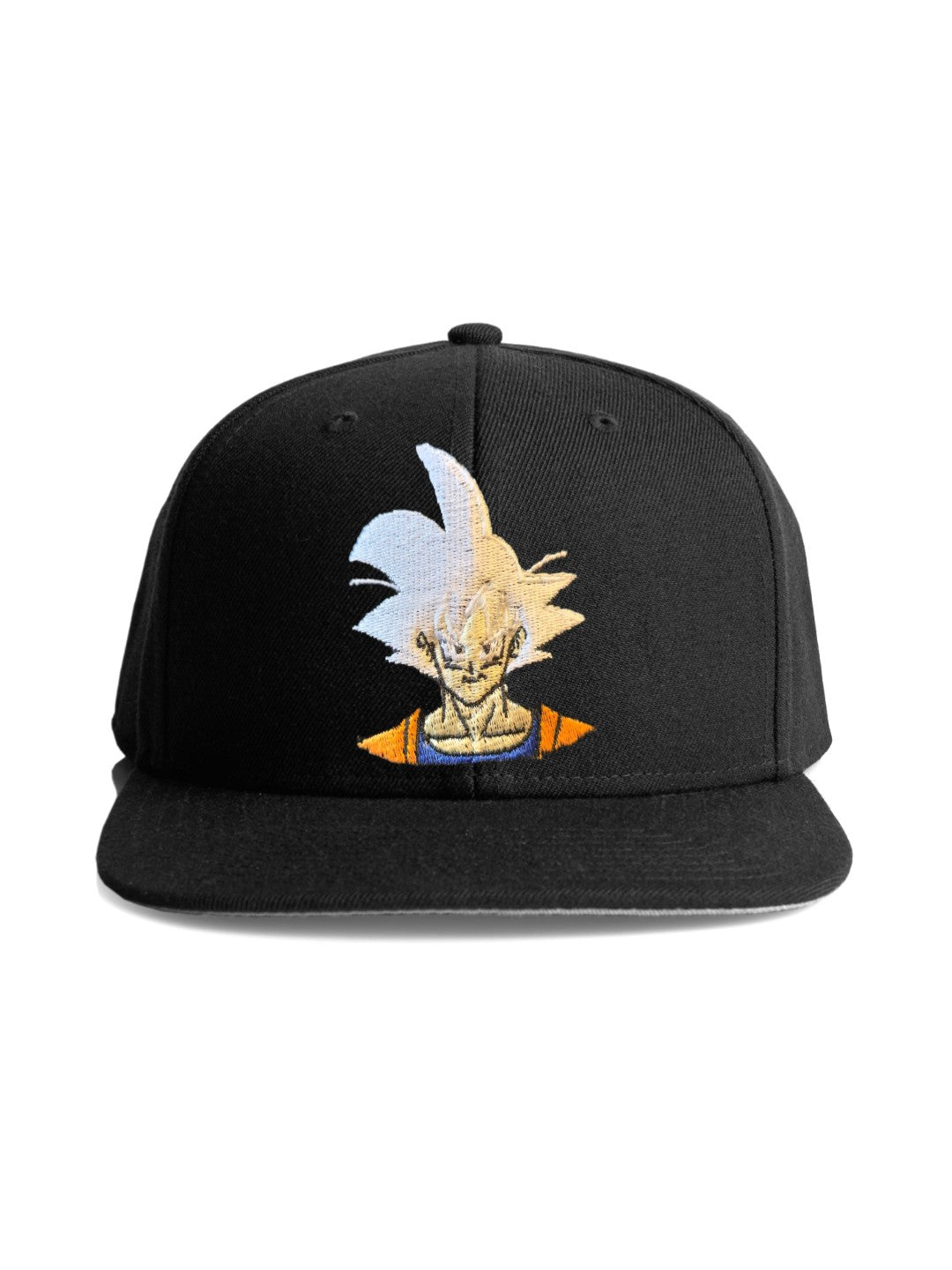 A black snapback cap featuring an embroidered graphic of Goku from Dragon Ball Z on the front, set against a plain white background.