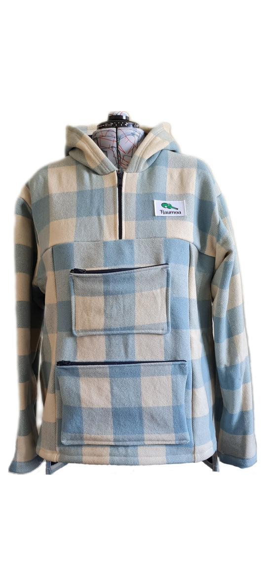 Embrace style and comfort with the Checked light blue/white Raumoa Wool Anorak Jacket, a premium example of New Zealand's renowned woolen outerwear.