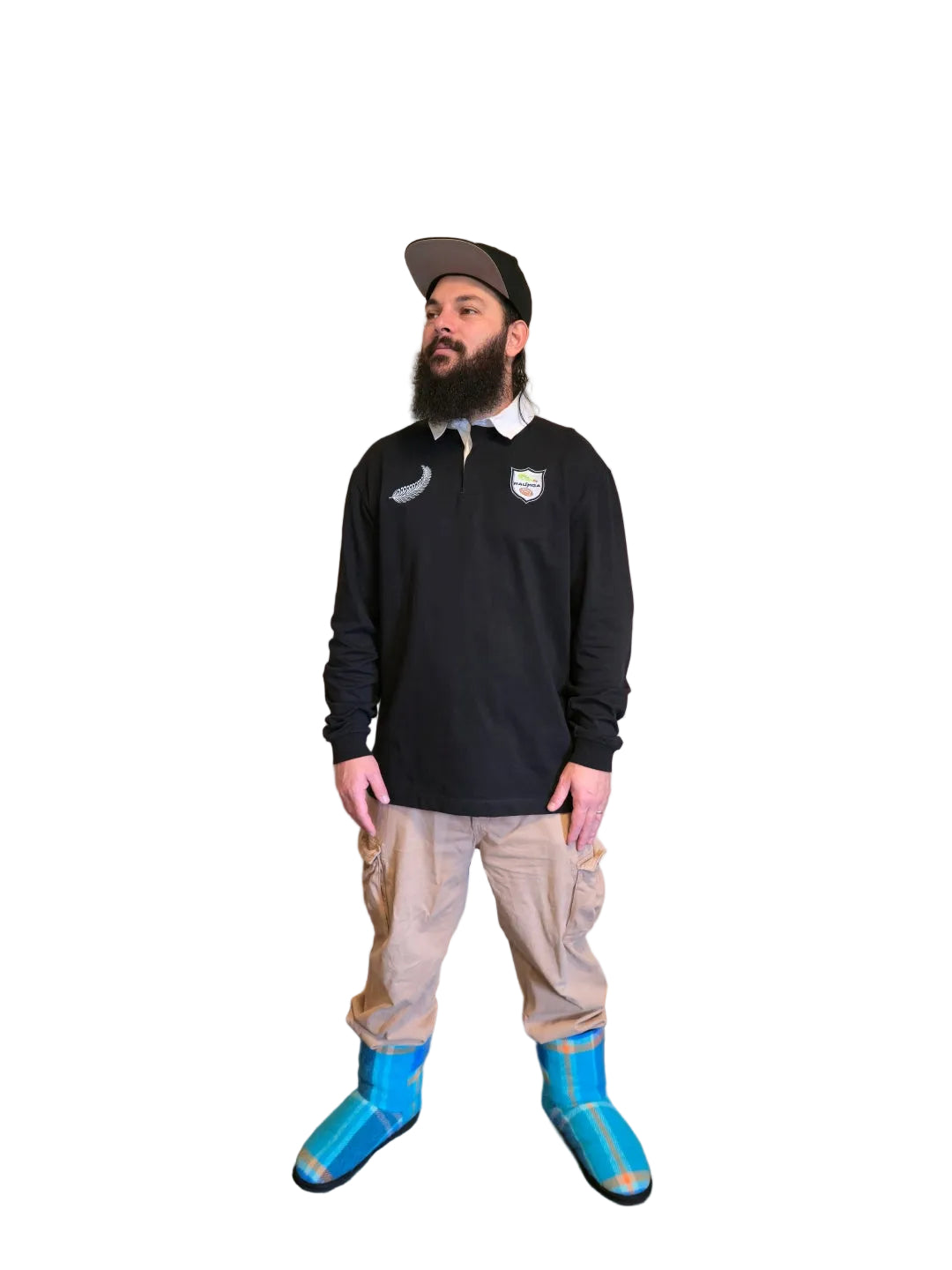 A man wearing rugby jersey a black long-sleeve shirt, 
